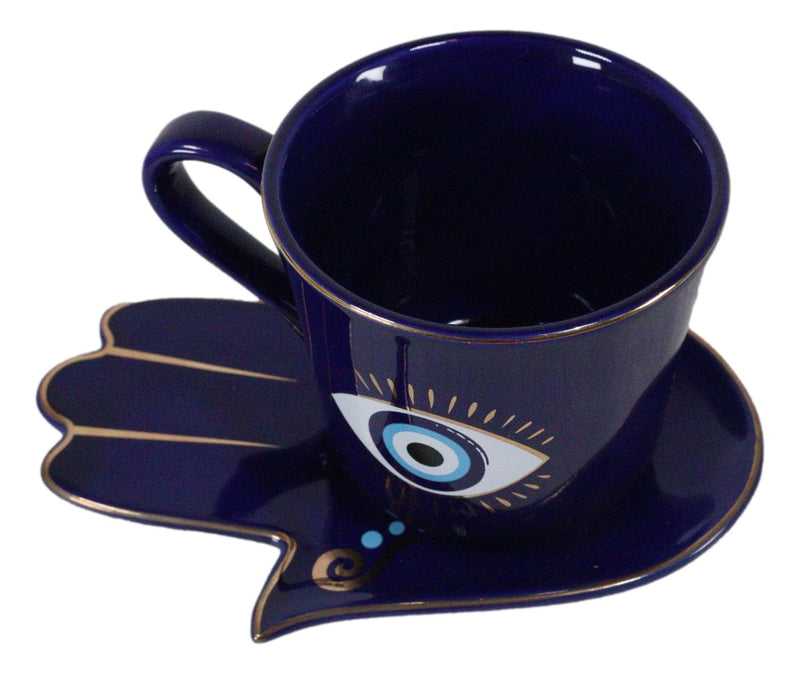 Blue Evil Eye Of Providence Hamsa Palmistry Hand Palm Mug Cup With Saucer Set