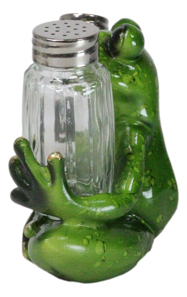 Green Tree Frog Toad Meditating Glass Salt Pepper Shakers Holder Figurine Set