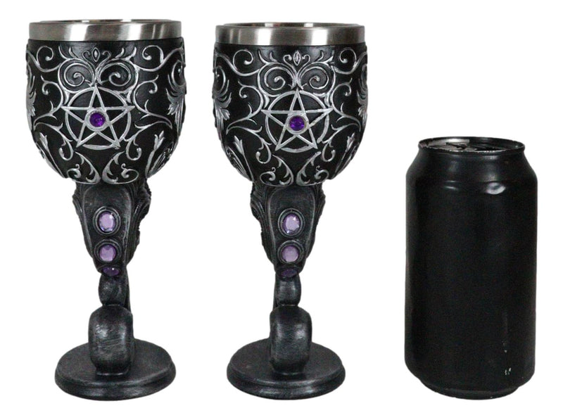 Set Of 2 Wicca Black Cats Familiars Love Hex Of The Heart Pentagram Wine Goblets