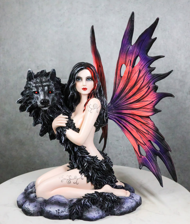 Large Gothic Fairy Goddess Artemis Holding Black Wolf Home Decor Figurine 13"H