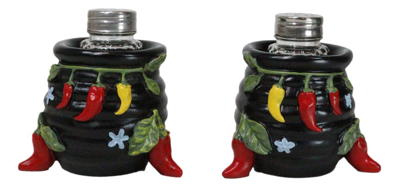 Southwestern Pot Of Chili Peppers Canister Jars Salt Pepper Shakers Holder Set