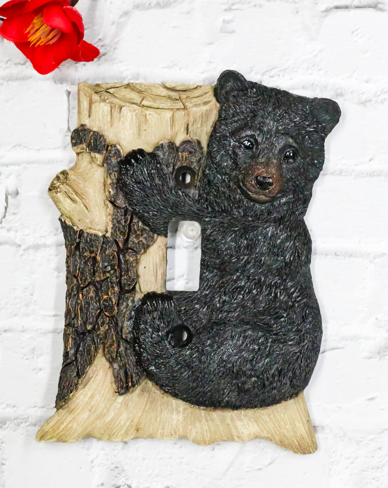 Set of 2 Rustic Black Bear Cub Climbing On Tree Wall Single Toggle Switch Plates