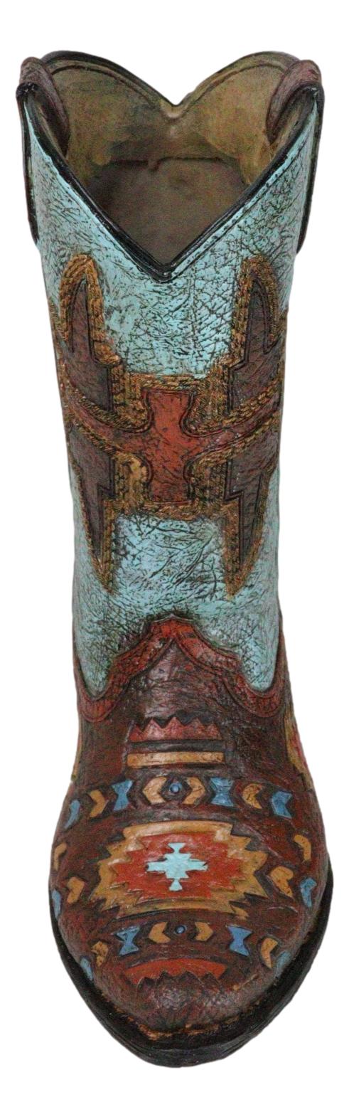 Southwestern Turquoise Tribal Aztec Patterns Faux Leather Cowboy Boot Vase