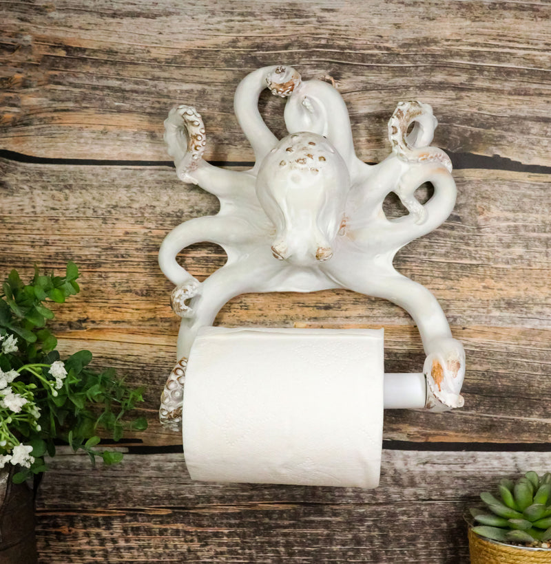 Nautical Marine Sea Octopus Distressed Antique White Wall Toilet Paper Holder