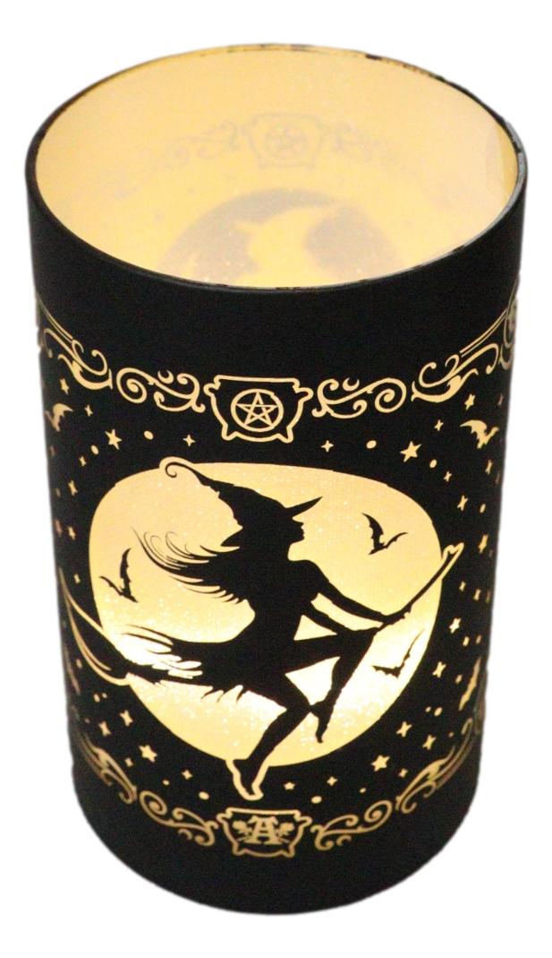 Wicca Witch by Moonlight On Broomstick with Bats LED Etched Glass Lantern Light