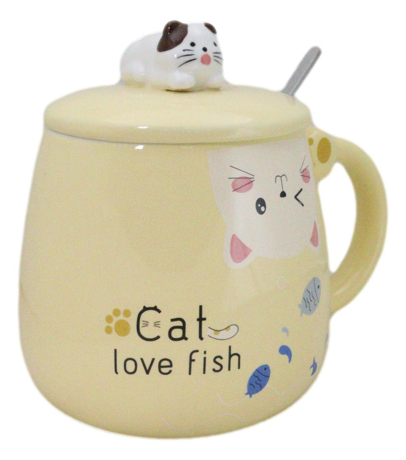 Yellow Calico Cat Love Fish Coffee Mug Cup With Spoon And Kitten Knob Lid 15oz