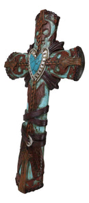 Rustic Western Faux Leather Aztec Boot Design Turquoise Stone Heart Wall Cross