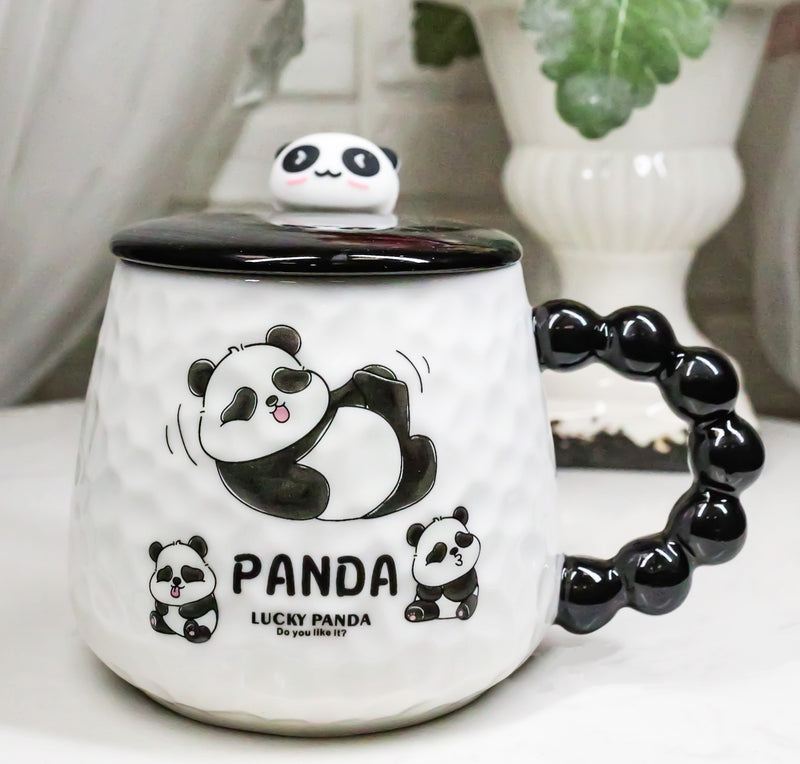 Ceramic Cute Lucky Panda Bear Cartoon With Lid And Panda Head Spoon Mug Cup