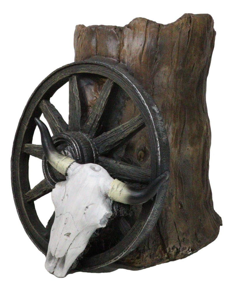 Rustic Western Cow Skull Wagon Wheel By Tree Trunk Decorative Planter Or Vase