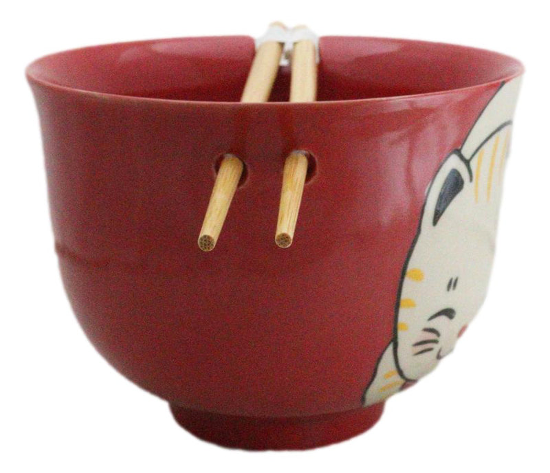 Red Cute Chubby Kitty Cat Ceramic Donburi Ramen Bowl With Chopsticks Set