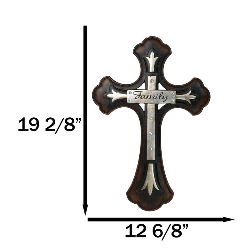 Large 19" H Faux Wooden Family Fleur De Lis French Lily Motif Wall Cross Decor