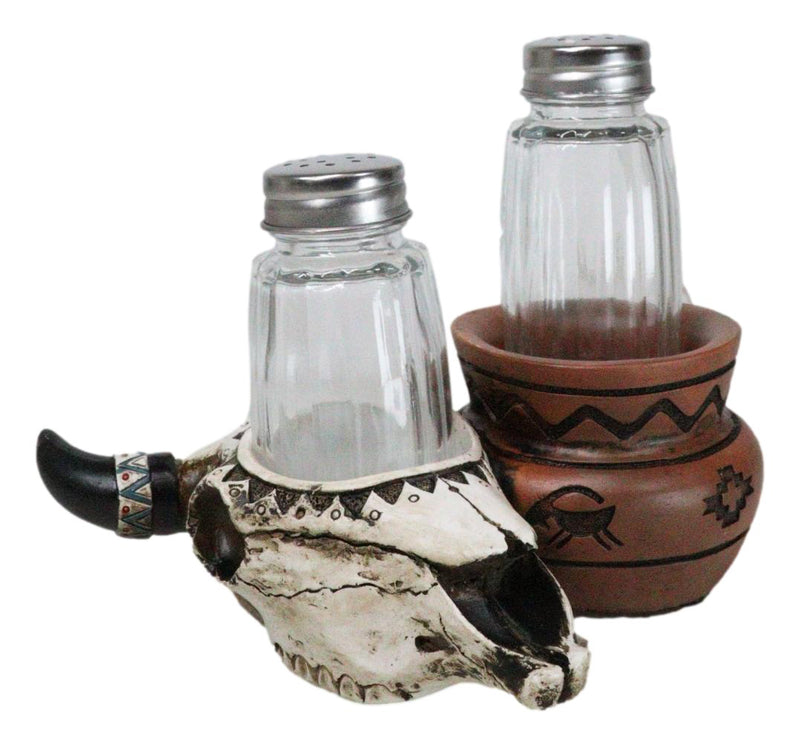 Southwestern Buffalo Cow Skull With Canister Jar Glass Salt Pepper Shakers Set