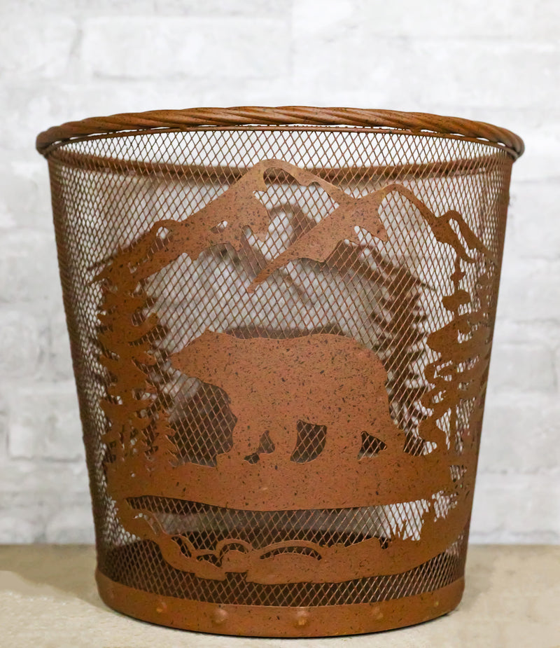 Rustic Black Bear By Pine Forest Mountains Metal Wire Waste Basket Trash Bin