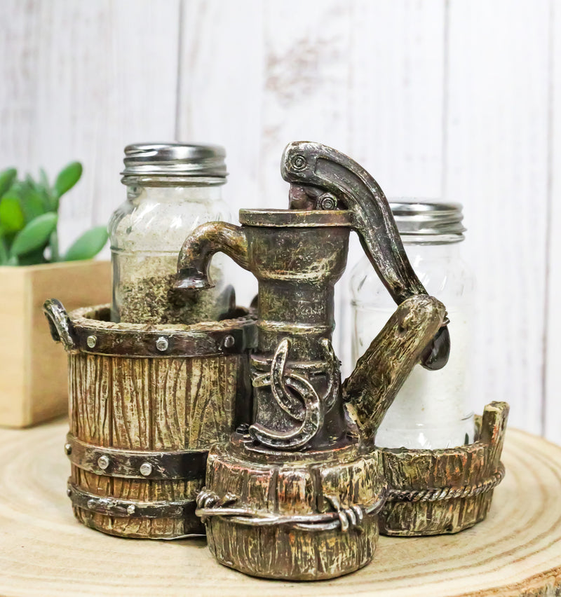 Old Fashioned Water Pump With Horseshoes By Barrels Salt Pepper Shakers Set