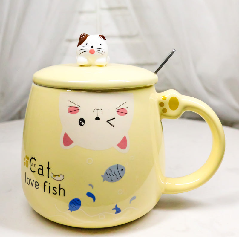 Yellow Calico Cat Love Fish Coffee Mug Cup With Spoon And Kitten Knob Lid 15oz