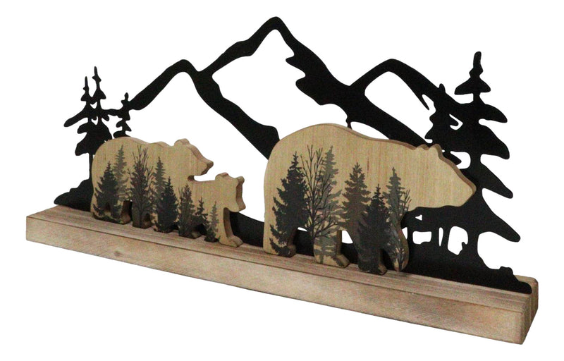 Rustic Western Black Bears And Cub By Mountain Forest Cutout Wooden Figurine