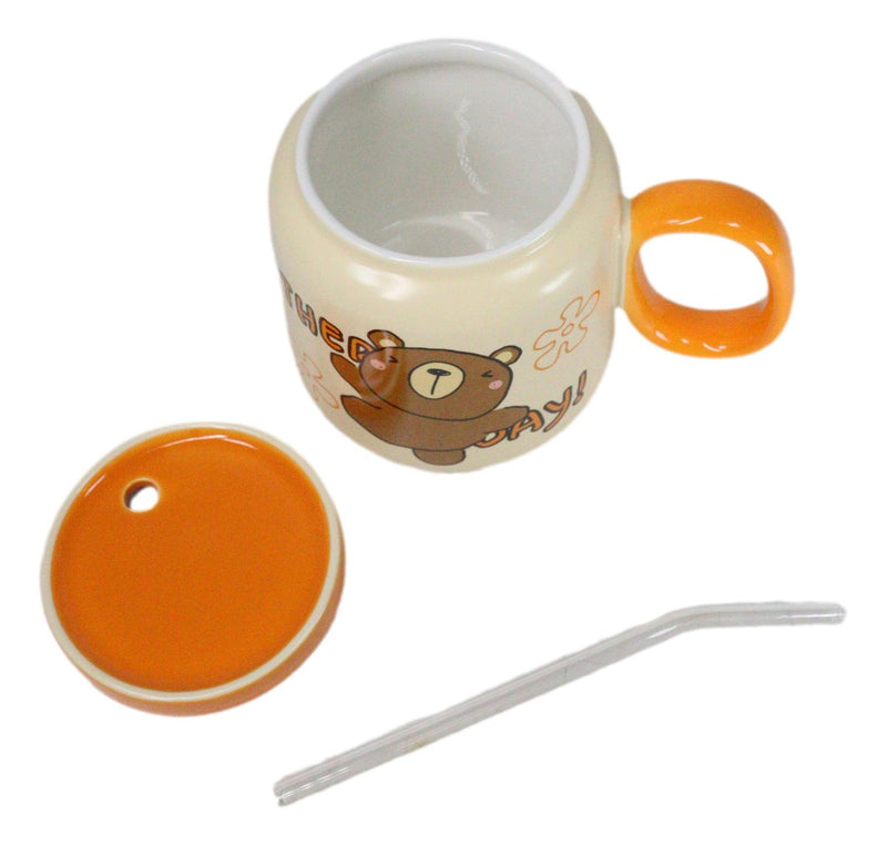 Whimsical Brown Bear Anime 16oz Orange Ceramic Mug Cup With Lid And Glass Straw