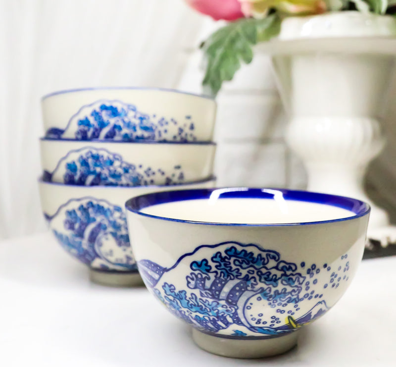 Pack Of 4 Blue Japanese Hokusai Great Wave Design Ceramic Thick Large Rice Bowls