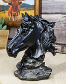 Wild and Free Black Stallion Equine Horse Bust On Rocky Pillar Base Figurine