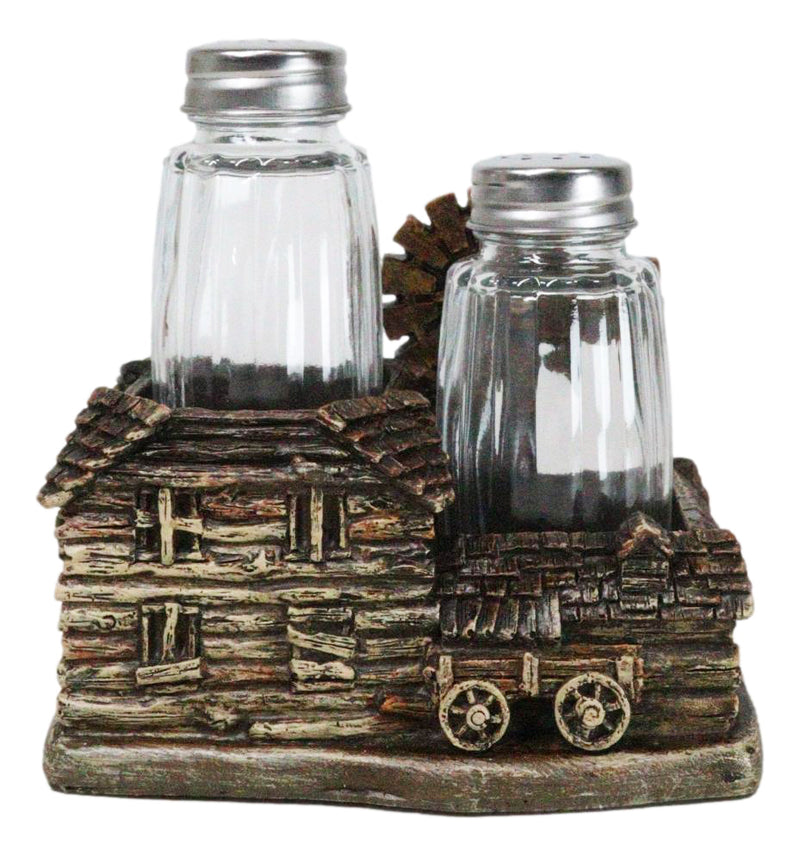 Western Farmhouse Barn With Windmill And Wagon Salt Pepper Shakers Holder Set