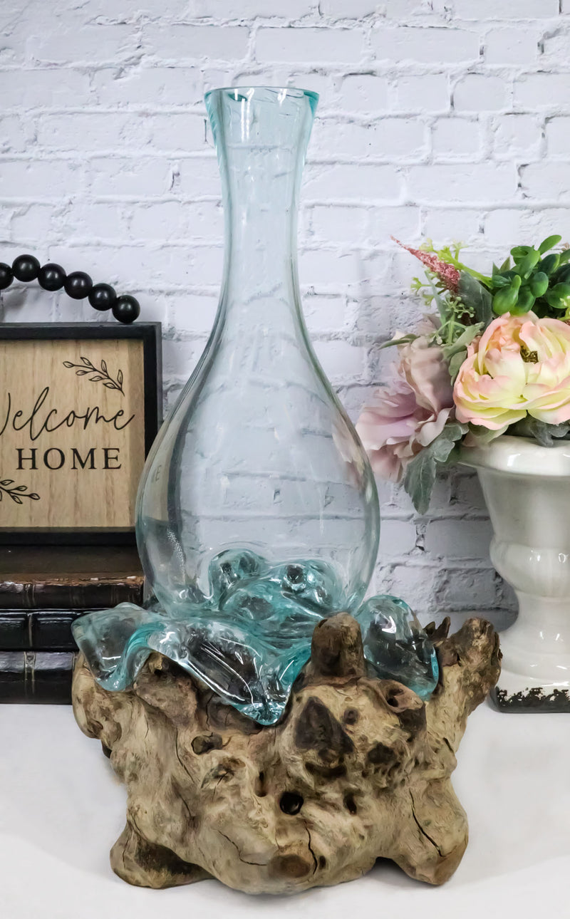 Balinese Natural Driftwood With Fitted Hand Blown Molten Glass Floral Vase