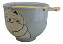 Blue Chubby Kitty Cat Sleeping Ceramic Donburi Ramen Bowl With Chopsticks Set