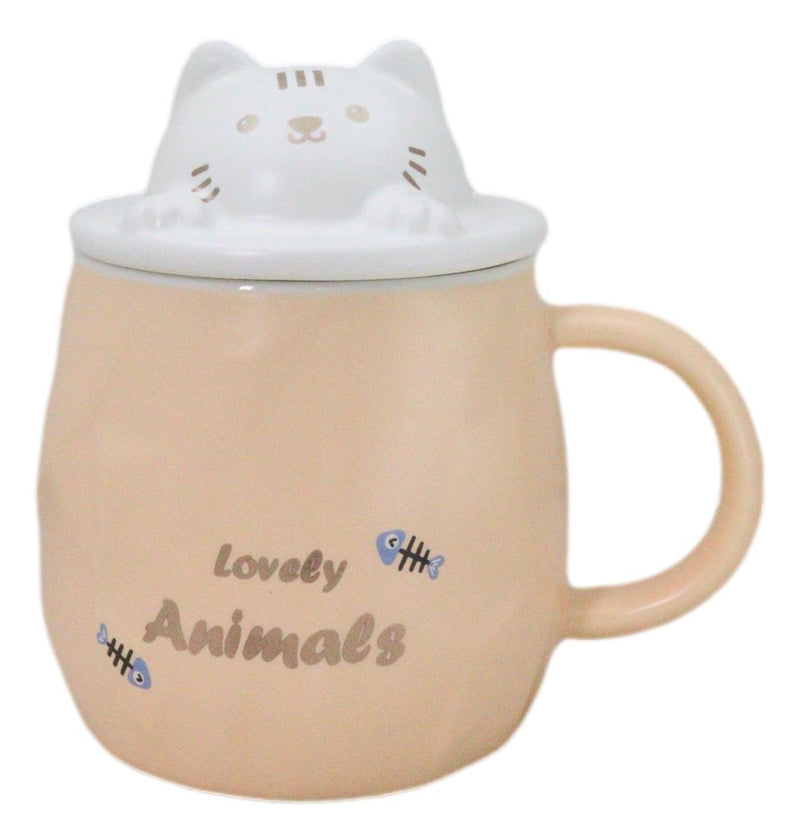 Whimsical Orange Chubby Feline Kitty Cat Cup Mug With Lid And Stirring Spoon