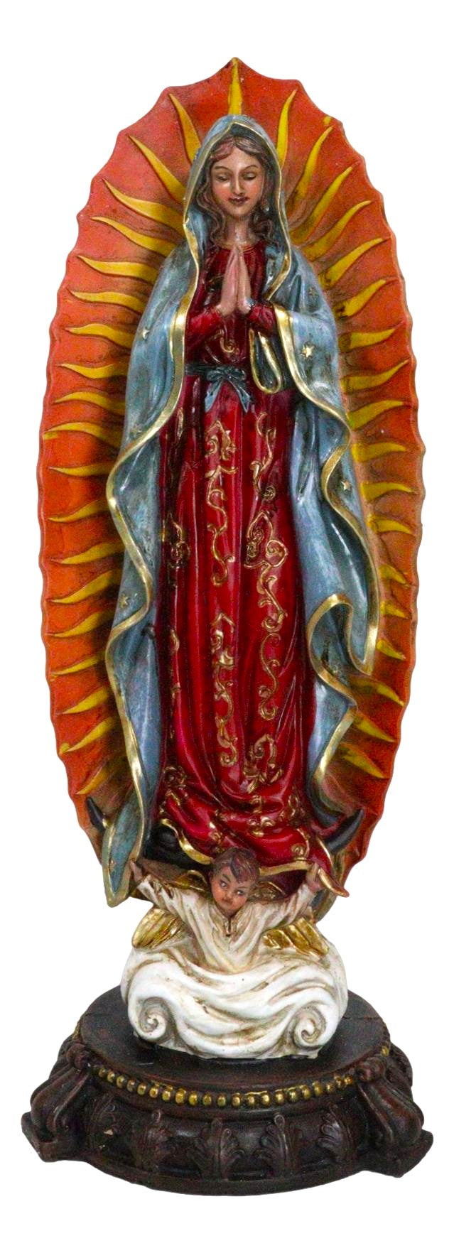 Colorful Devotional Blessed Virgin Our Lady of Guadalupe Statue With Ornate Base