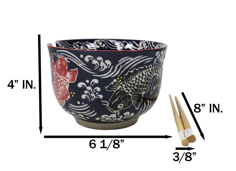 Blue Red And Black Koi Fishes Large 24Oz Donburi Ramen Bowl With Chopsticks Set