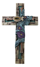 Rustic Turquoise Floral Blooms Ichthys Jesus Fish Symbol Faux Wooden Wall Cross