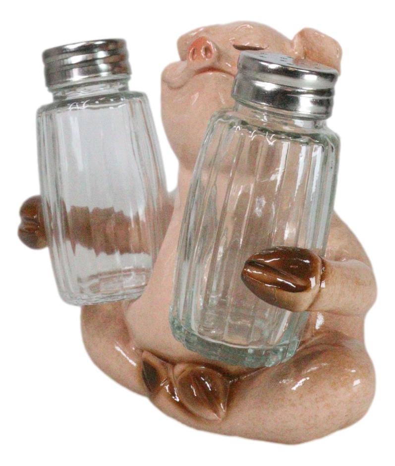 Rustic Country Animal Farm Porky Pig Hugging Salt Pepper Shakers Holder Set