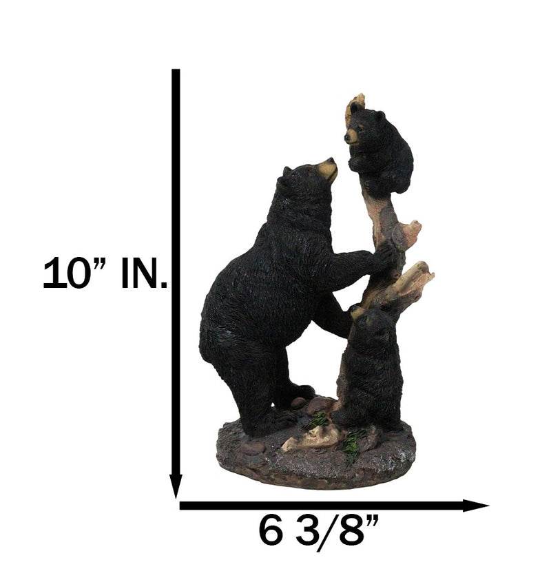 Rustic Forest Black Bear Mother and Her Cubs Climbing On Tree Trunk Figurine