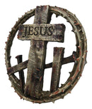 Jesus Cross With Nails And Crown Of Thorns Faux Wood Finish Wall Circle Plaque