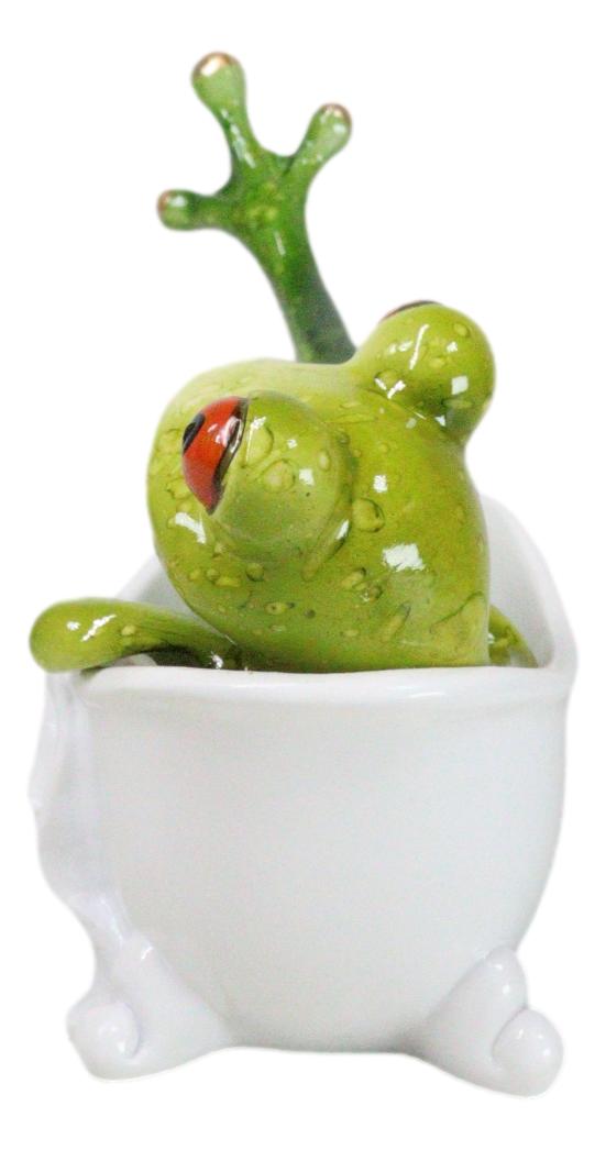 Whimsical Green Lady Diva Frog with Golden Nails Soaking in Bath Tub Figurine