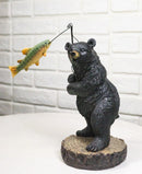 Whimsical Rustic Forest Black Bear Catching Largemouth Bass Fish Figurine