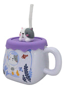 Whimsical Diver Cat With Sea Fishes Ceramic Mug With Silicone Lid And Straw