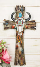 Southwestern Tribal Cow Skull With Arrows Turquoise Gems And Feathers Wall Cross