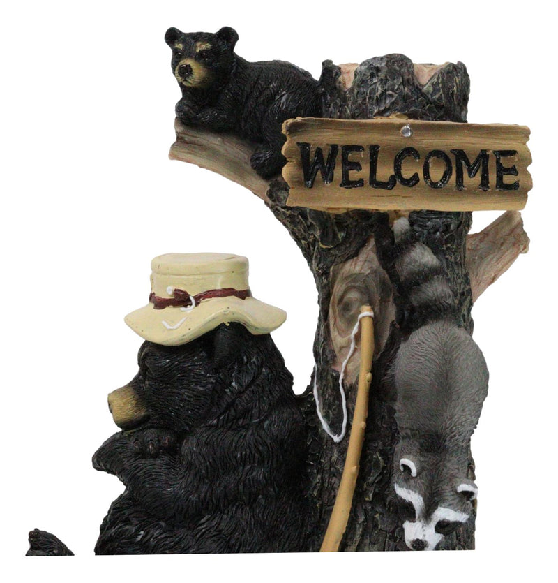 Forest Sleeping Black Bear With Cub On Tree And Sneaky Raccoon Welcome Figurine