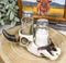 Rustic Western Cow Skull With Roped Horns Salt Pepper Glass Shakers & Holder Set