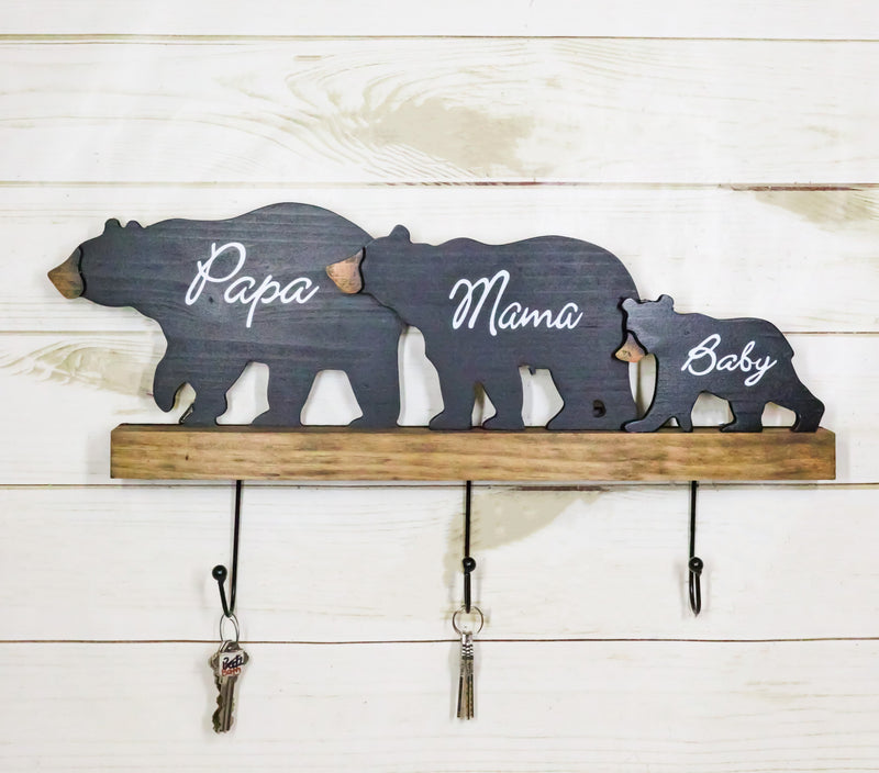 Rustic Forest Black Bear Family Papa Mama Baby Silhouette 3 Pegs Wall Hooks 20"L