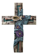 Rustic Turquoise Floral Blooms Ichthys Jesus Fish Symbol Faux Wooden Wall Cross