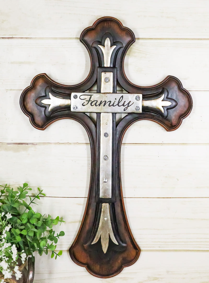 Large 19" H Faux Wooden Family Fleur De Lis French Lily Motif Wall Cross Decor