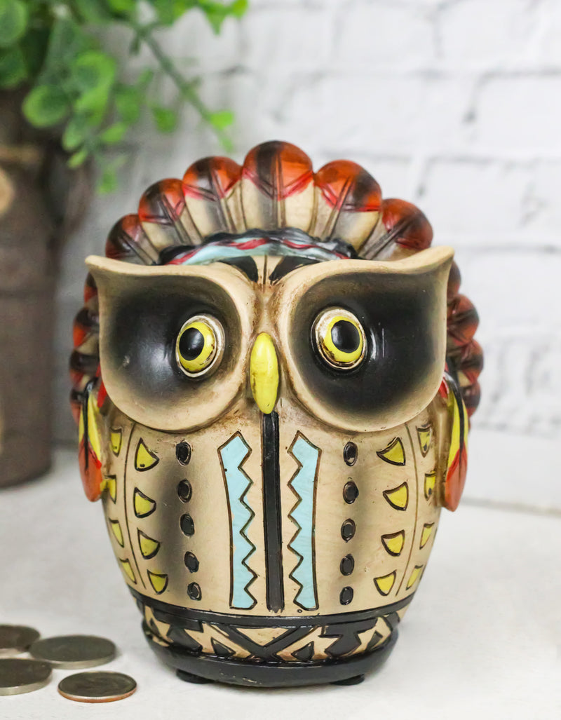 Southwestern Colorful Tribal Native Indian Owl Chief With Headdress Money Bank