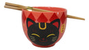 Red Maneki Neko Lucky Cats Ceramic Donburi Ramen Soup Bowl With Chopsticks Set