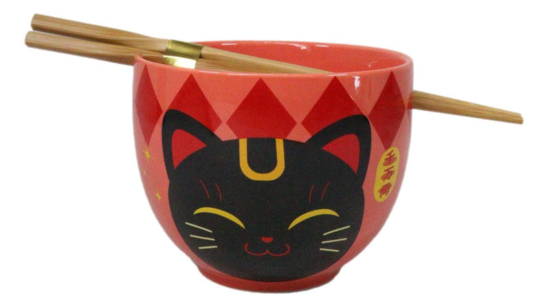 Red Maneki Neko Lucky Cats Ceramic Donburi Ramen Soup Bowl With Chopsticks Set