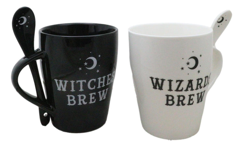 Set Of 2 Wicca Moons Black Witches And White Wizards Brew Cup Mugs And Spoons