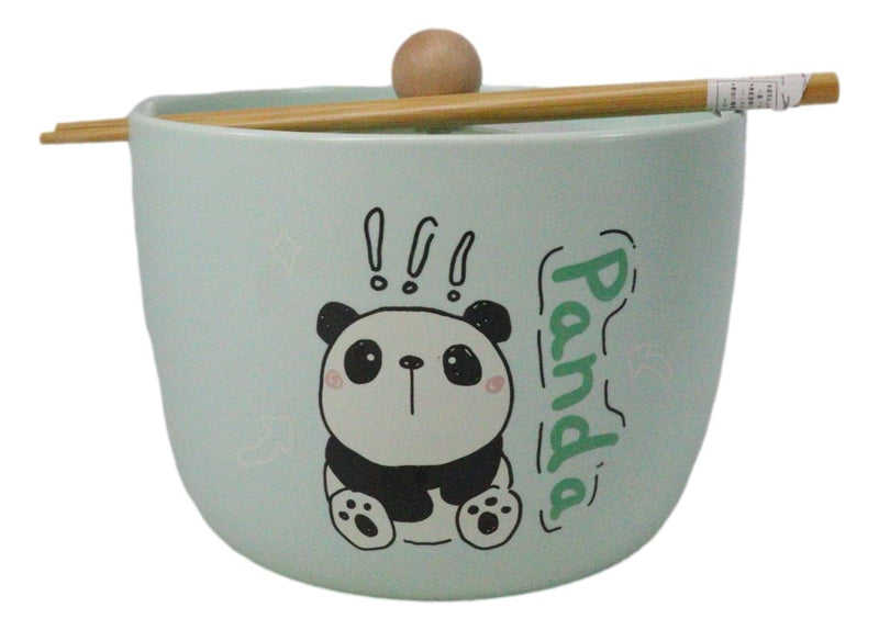 Green Curious Lucky Panda Donburi Ramen Soup Bowl With Chopsticks And Lid