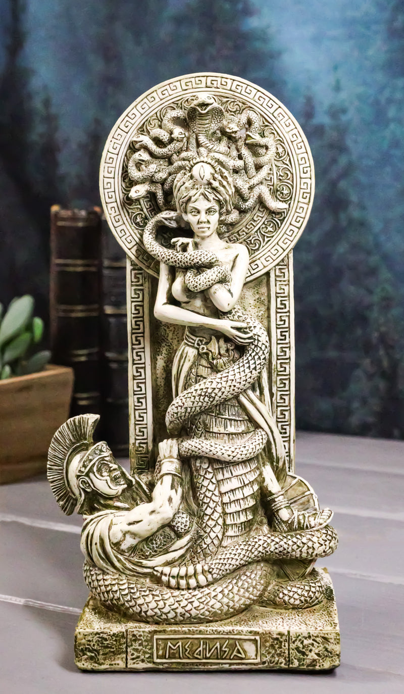 Greek Goddess Medusa With Hair Of Snakes And Serpent Tail By Altar Figurine