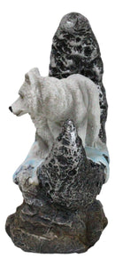 Winter Snow White Wolf With Pup Cub By Snowy Crater Crescent Moon Figurine