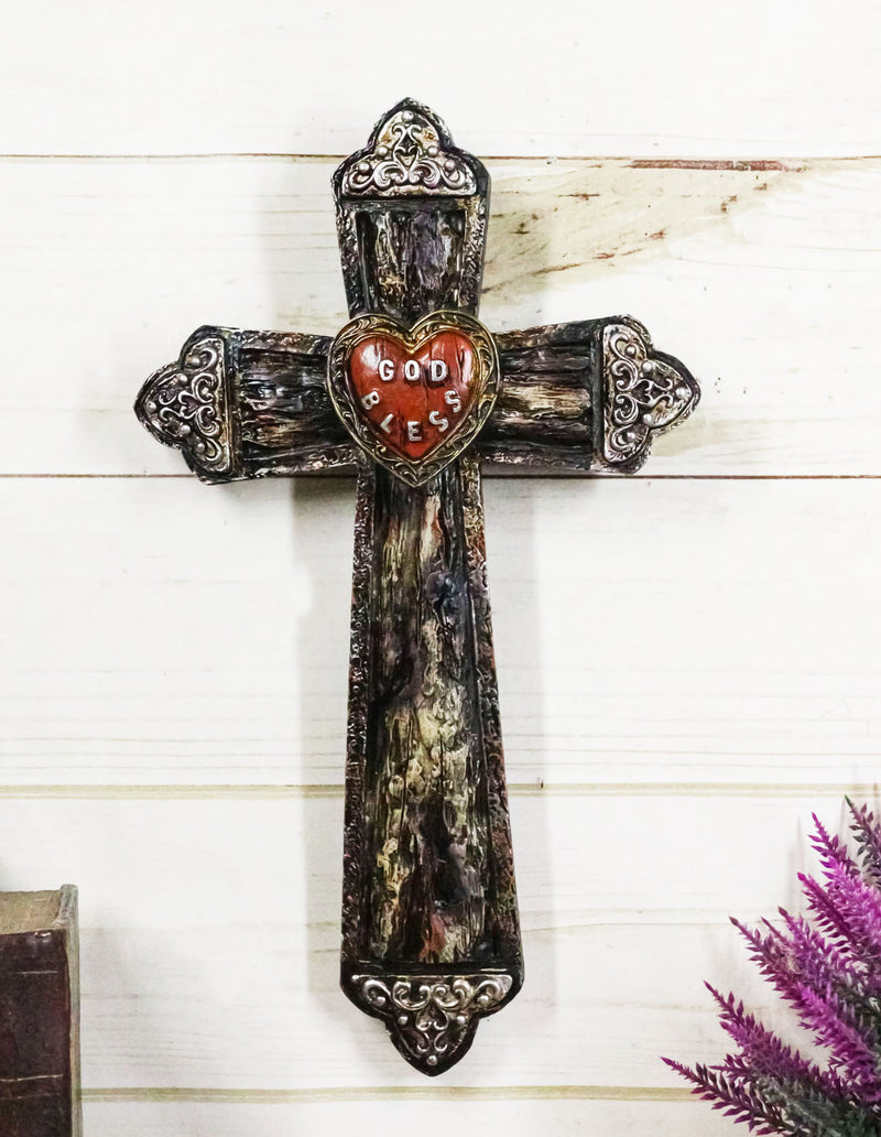 Rustic Western Faux Distressed Wood God Bless Heart Silver Scroll Wall Cross 12"